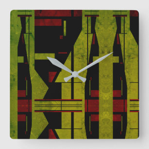 Symmetrical Olive Green Black Red Tiered Design Square Wall Clock