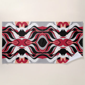 Symmetrical Red and Black Abstract Flow Pattern Beach Towel