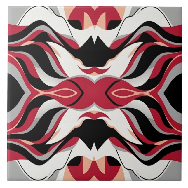 Symmetrical Red and Black Abstract Flow Pattern Ceramic Tile (Front)