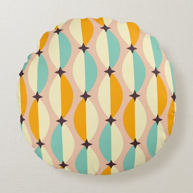 Symmetrical retro pattern with interlocking teal round pillow (Front)