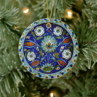 Symmetrical Turkish Iznik Tulip Motif Christmas Ceramic Ornament