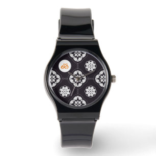 Symmetrical White Flower Tiled Pattern on Black Watch