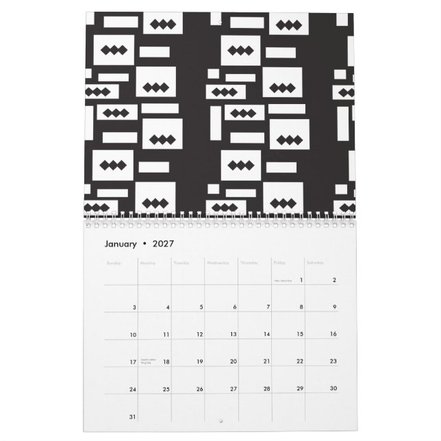 Symmetrical white geometric design with crisp, cle calendar (Jan 2027)