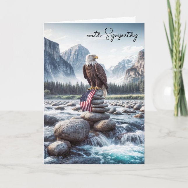 Sympathy Bald Eagle With a Flag On a Cairn Card (Front)