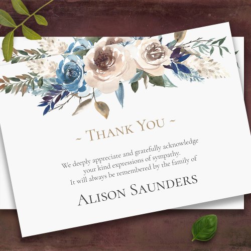 Sympathy Beige Blue Floral Funeral Thank You Card