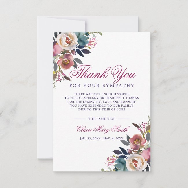 Sympathy Bereavement Watercolor Floral Funeral Thank You Card