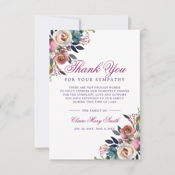 Sympathy Bereavement Watercolor Floral Funeral Thank You Card
