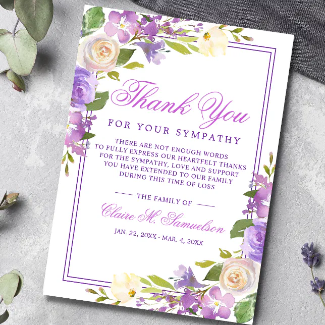 Sympathy Bereavement Watercolor Floral Funeral Thank You Card | Zazzle