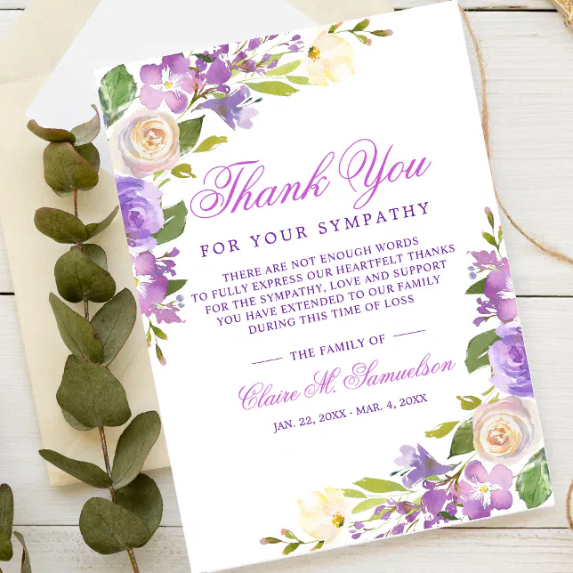 Sympathy Bereavement Watercolor Floral Funeral Thank You Card | Zazzle