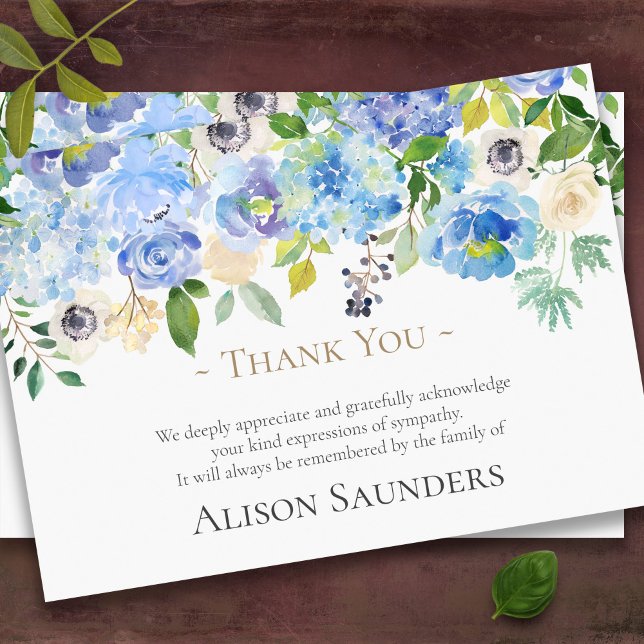 Sympathy Blue Floral Funeral Thank You Card (Blue Floral Sympathy In Loving Memory Funeral Thank You Card)