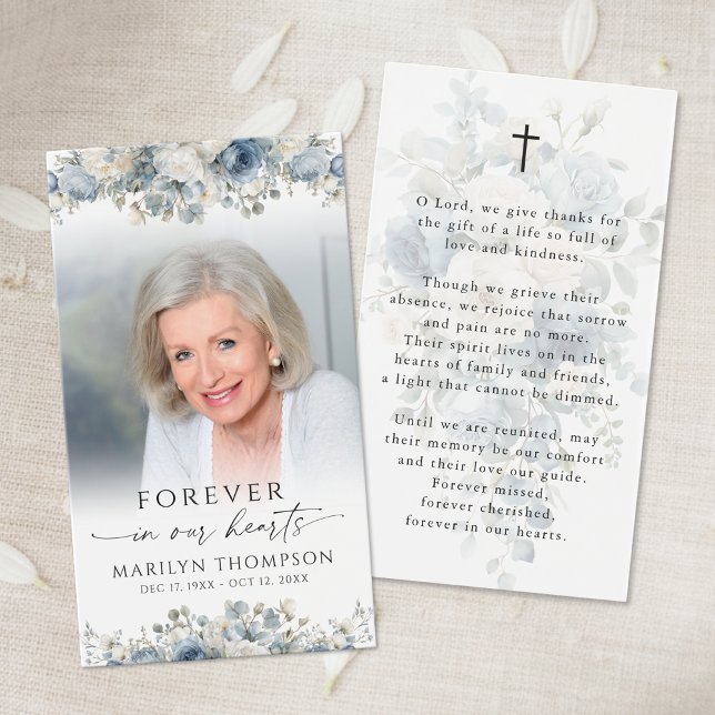 Sympathy Blue Floral Photo Cross Prayer Card (Creator Uploaded)