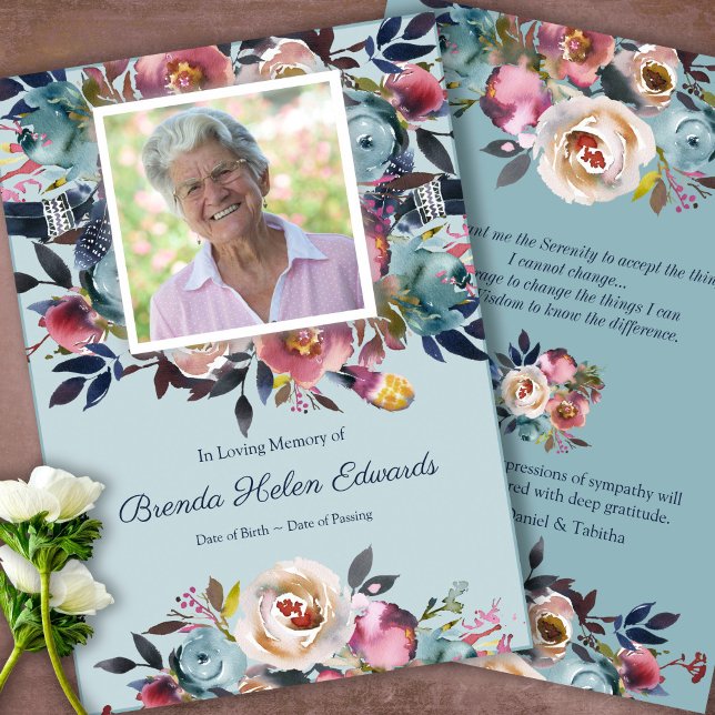 Sympathy Blue Pink Floral Funeral Thank You Card (Sympathy floral Celebration of Life, In Loving Memory, Forever in our Hearts Funeral thank you cards)