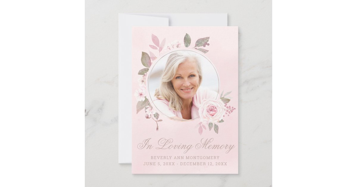 Sympathy Blush Rose Floral Photo Memorial Thank You Card | Zazzle