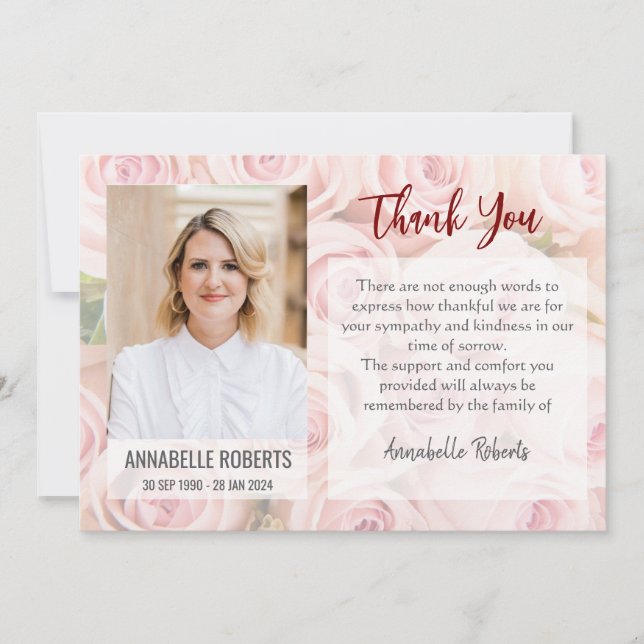Sympathy Bouquet of Soft Pink Roses Photo Funeral  Thank You Card (Front)