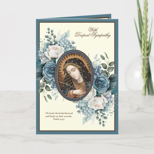 Sympathy Catholic Virgin Mary Blue Floral  Card