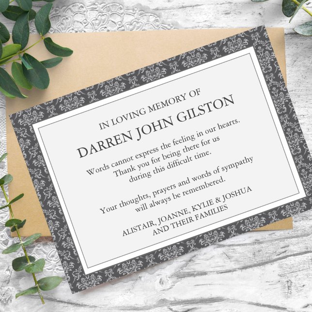 Sympathy Damask Silver Funeral Thank You Cards (Silver Damask Memorial Sympathy Funeral Thank You Card)