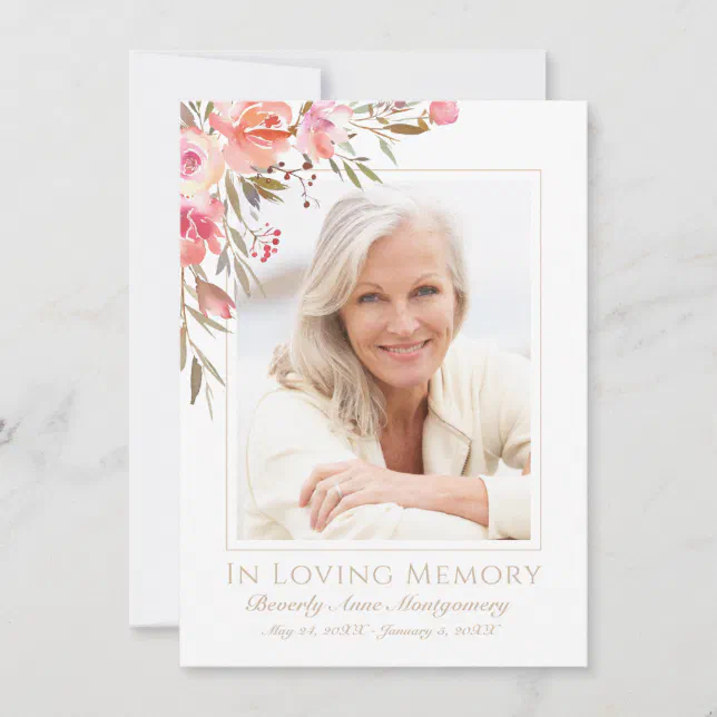 Sympathy Elegant Blush Floral Rose Photo Funeral Thank You Card | Zazzle