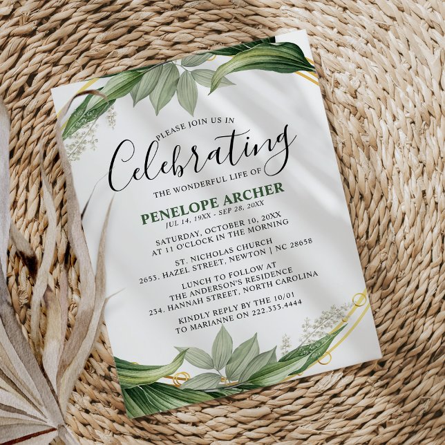 Sympathy Elegant Botanical Foliage Memorial Invitation (Creator Uploaded)