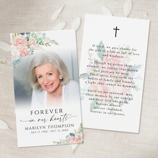 Sympathy Elegant Pink Floral Photo Prayer Card (Creator Uploaded)