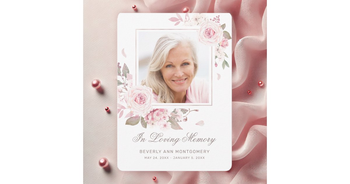 Sympathy Elegant Pink Rose Floral Photo Funeral Thank You Card | Zazzle