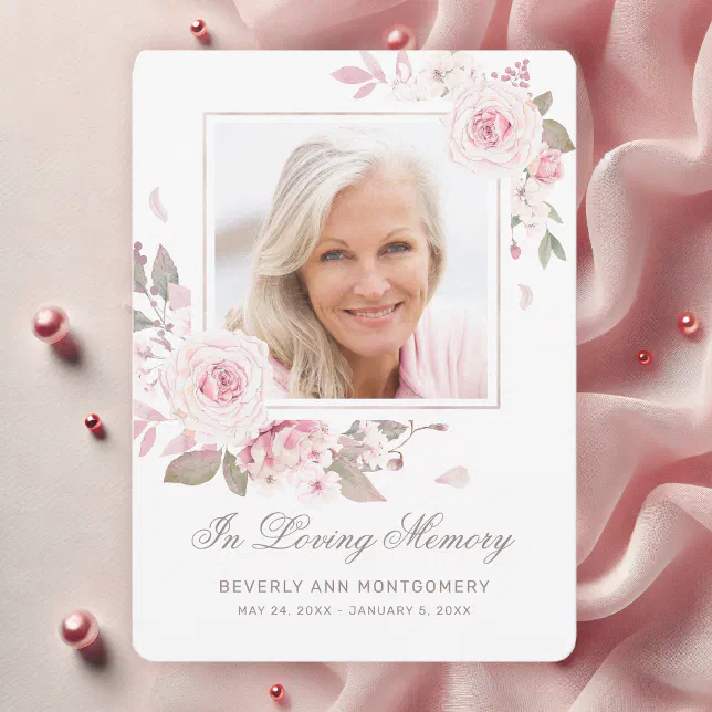 Sympathy Elegant Pink Rose Floral Photo Funeral Thank You Card | Zazzle