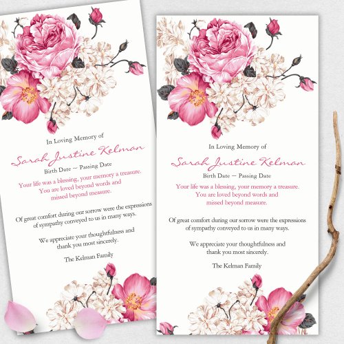 Sympathy Elegant Pink Rose Funeral Thank You Cards