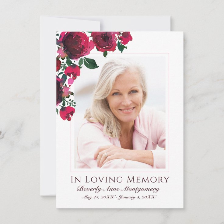 Sympathy Elegant Red Rose Floral Photo Funeral Thank You Card | Zazzle