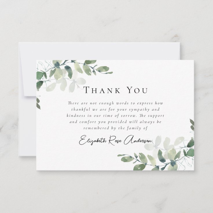 Sympathy Eucalyptus Funeral Thank You Card | Zazzle