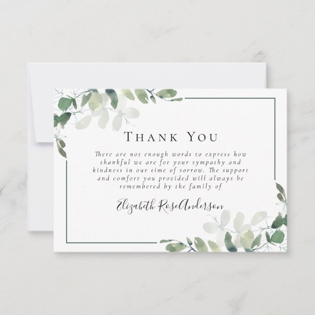 Sympathy Eucalyptus Funeral Thank You Note Card (Front)