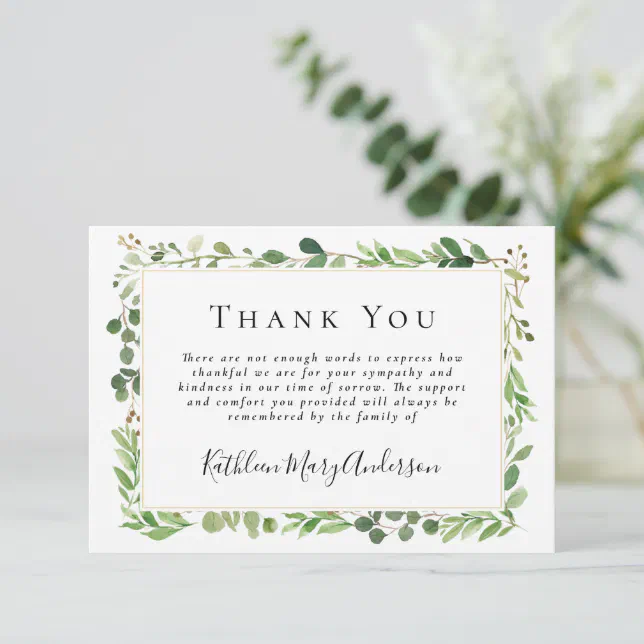 Sympathy Eucalyptus Greenery Funeral Thank You Card | Zazzle