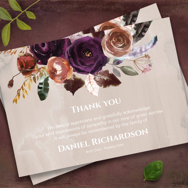 Sympathy Floral Memorial Funeral Thank You Card (Boho style watercolor floral memorial bereavement sympathy funeral thank you card)