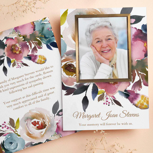 Sympathy Floral Photo Funeral Thank You Card | Zazzle