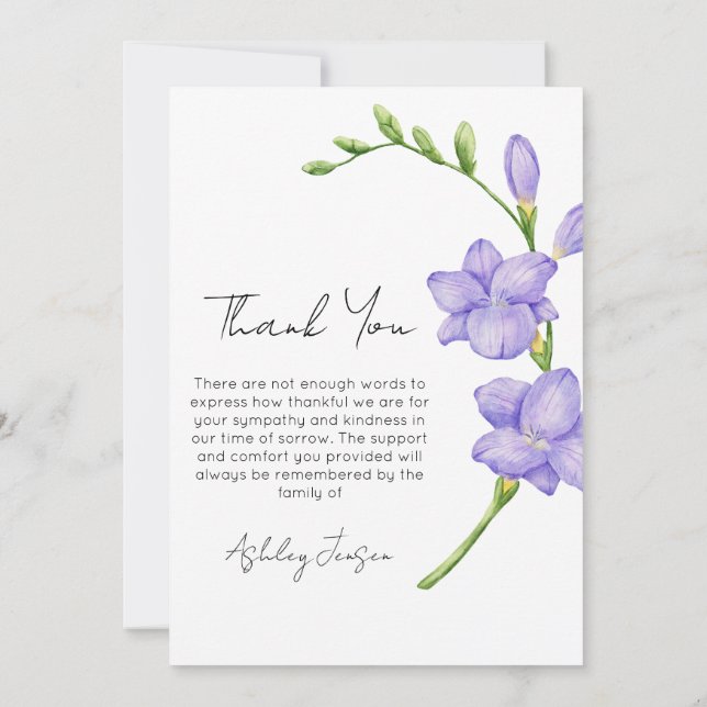 Sympathy Freesia Photo Funeral Thank You Card (Back)