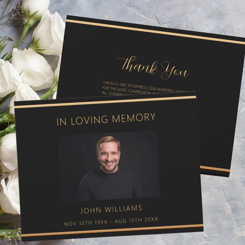 Sympathy funeral black gold photo thank you card
