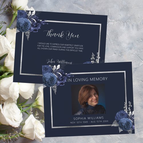 Sympathy funeral blue floral photo thank you card