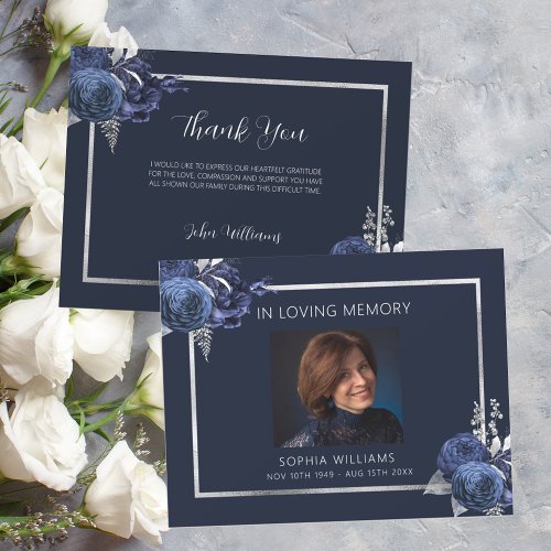 Sympathy funeral blue floral photo thank you card