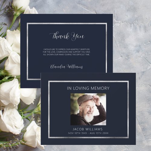 Sympathy funeral blue silver photo thank you card