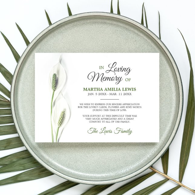 Sympathy Funeral Calla Lily Flowers Thank You Card (Creator Uploaded)