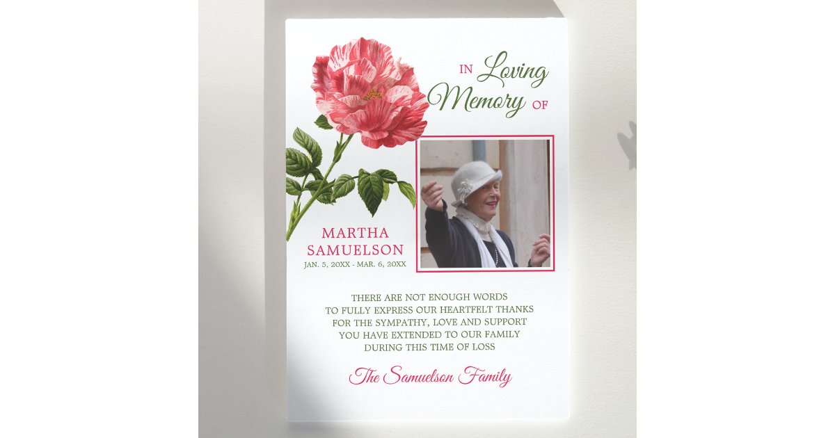 Sympathy Funeral Floral Red Vintage ROSE THANK YOU Card | Zazzle