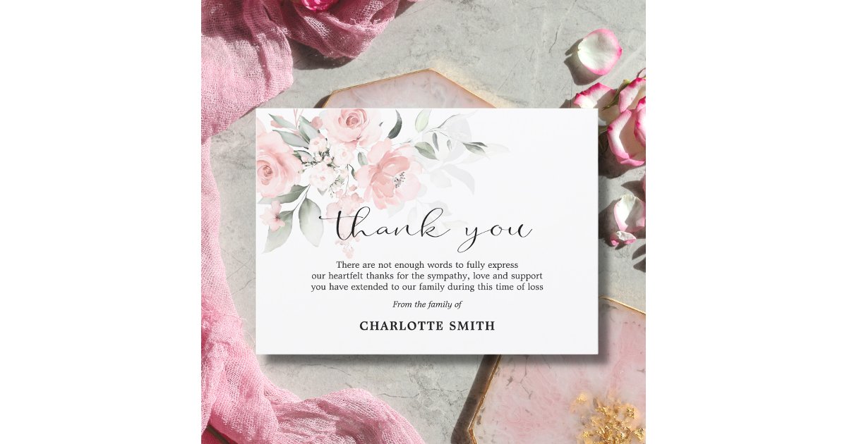 Sympathy Funeral Flower Blush Pink Roses THANK YOU Card | Zazzle
