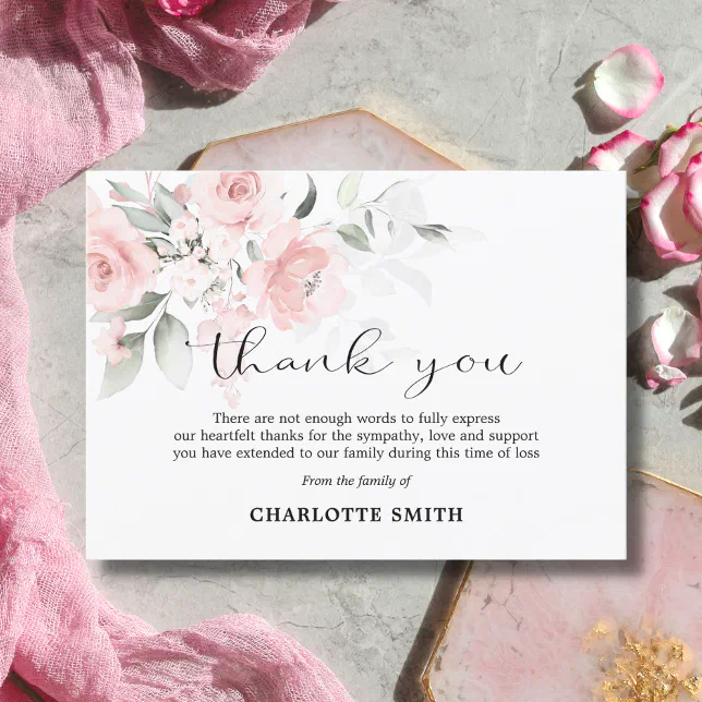 Sympathy Funeral Flower Blush Pink Roses THANK YOU Card | Zazzle
