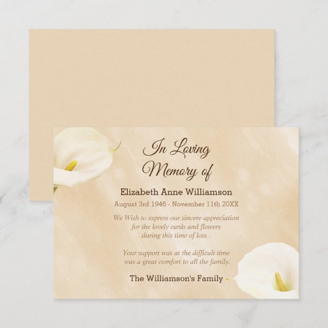 Sympathy Funeral Lily Flowers Thank You Card (Front/Back)