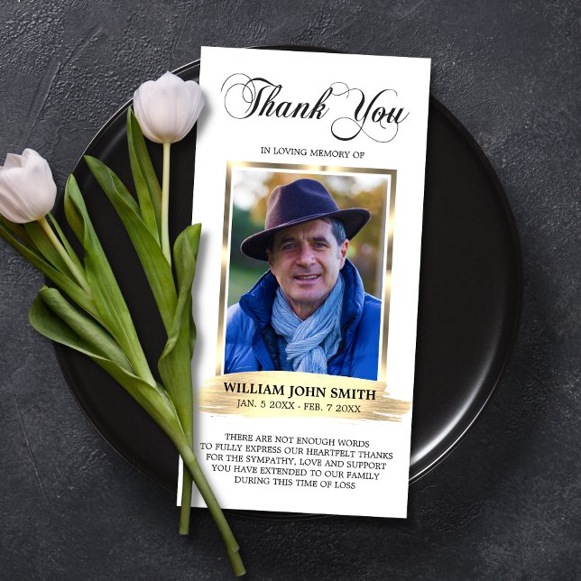 Sympathy Funeral Memorial White THANK YOU Photo Card (Sympathy Funeral Memorial White THANK YOU Photo | Gold)