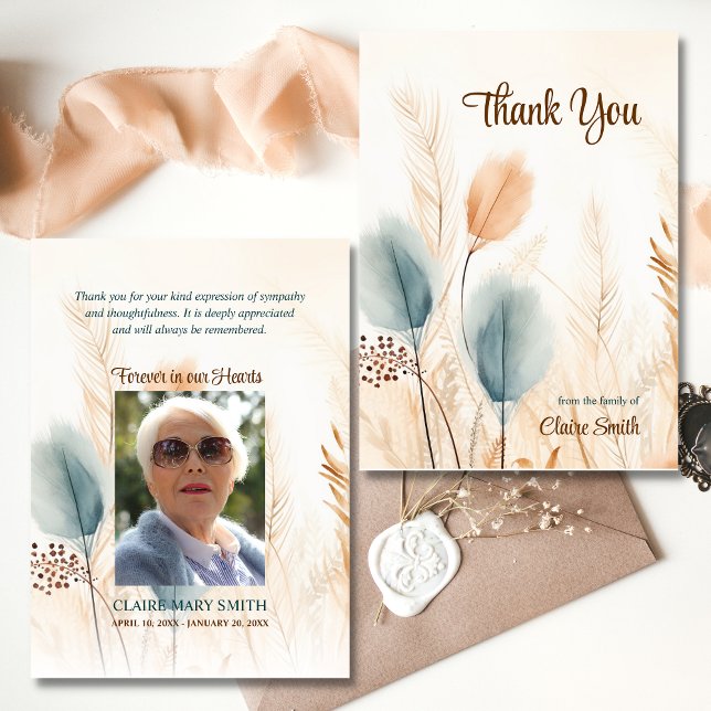 Sympathy Funeral Pampas Grass Beige Blue PHOTO Card (Sympathy Funeral Pampas Grass Beige Blue PHOTO Thank You Card)