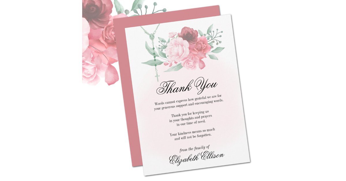 Sympathy Funeral Rosary Roses Thank You Card | Zazzle