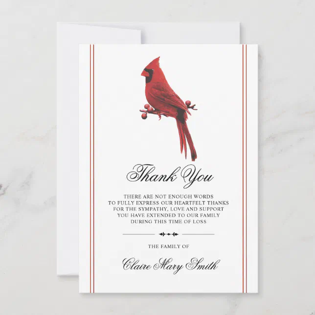 Sympathy Funeral THANK YOU Cardinal Bird | Zazzle