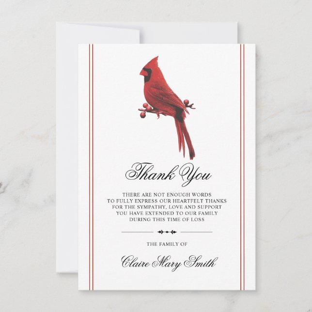 Sympathy Funeral THANK YOU Cardinal Bird Card (Front)