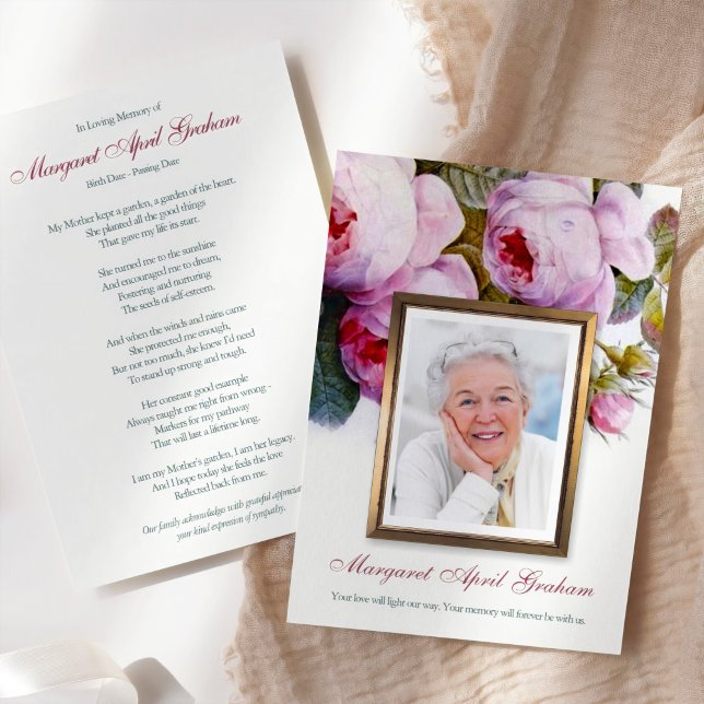 Sympathy Funeral Thank You Cards Photo Floral (Bereavement Sympathy Botanical Florals in Pink Memorial Funeral Thank You Card with Photo)