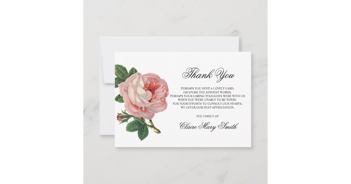 Sympathy Funeral THANK YOU Vintage Rose Floral Card | Zazzle