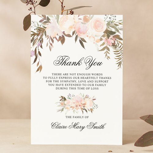 Sympathy Funeral THANK YOU Watercolor Floral Pink